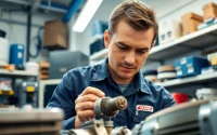 Technician evaluating Trane parts as a trusted trane parts dealer in a bright workshop.