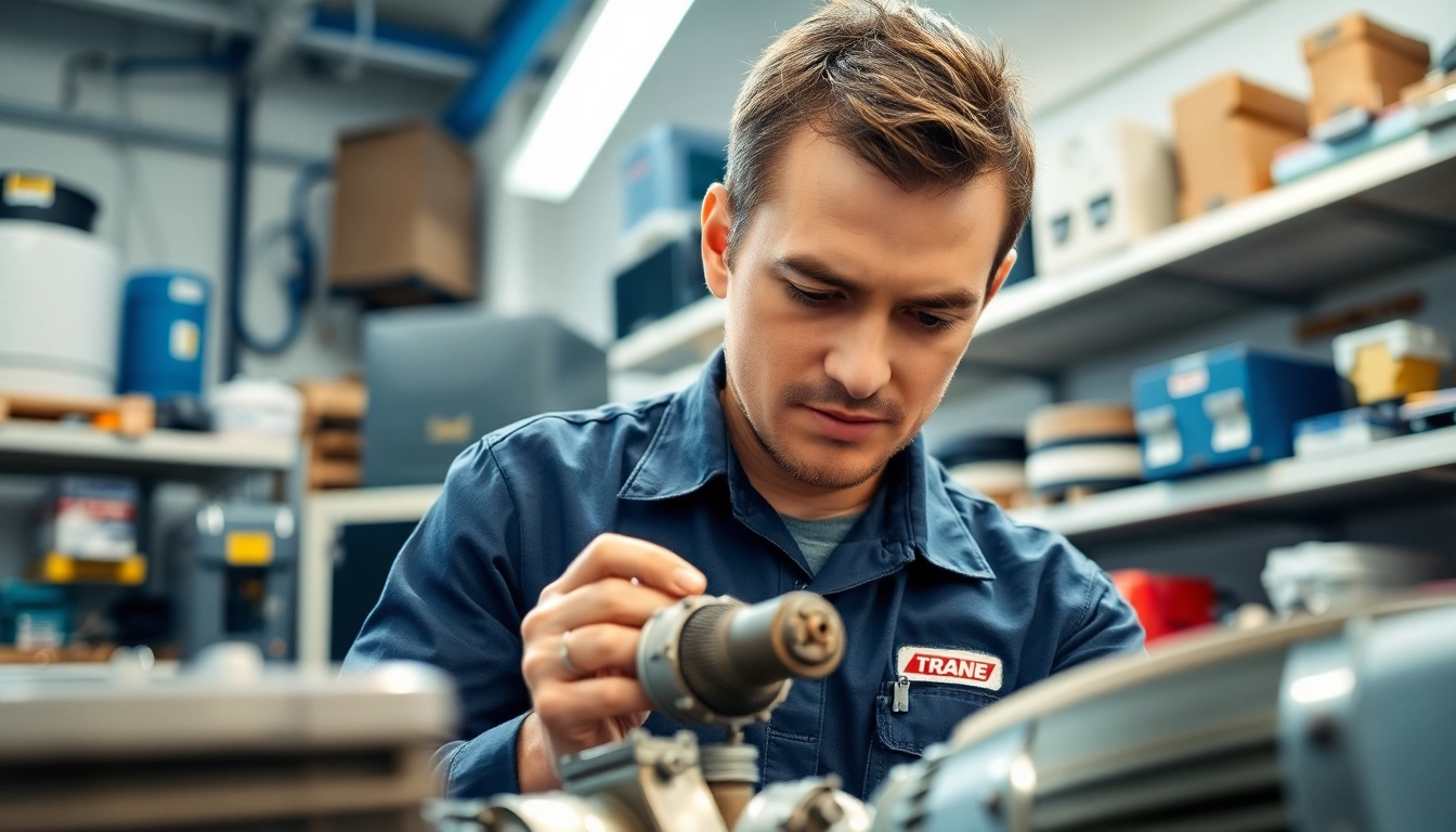 Technician evaluating Trane parts as a trusted trane parts dealer in a bright workshop.