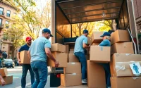 Brooklyn movers efficiently loading boxes into a truck on a busy urban street.
