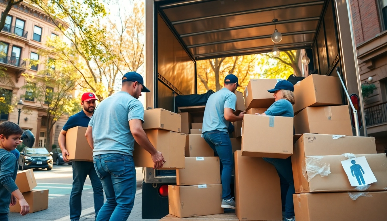 Brooklyn movers efficiently loading boxes into a truck on a busy urban street.