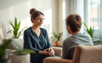 Engaging scene with an attachment theory specialist fostering a supportive client relationship.