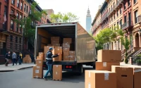 Efficient Brooklyn movers packing boxes into a truck in a vibrant urban setting.