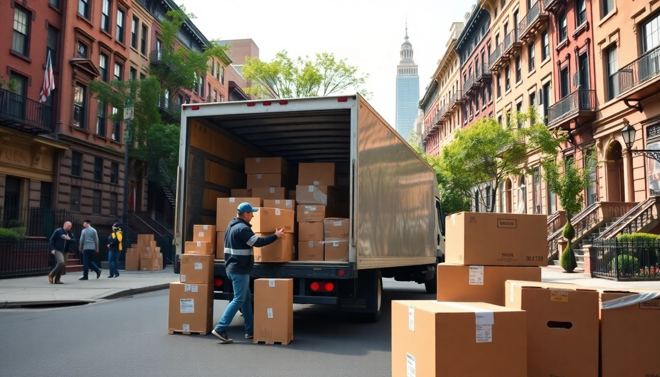 Efficient Brooklyn movers packing boxes into a truck in a vibrant urban setting.