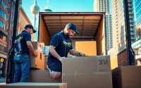 Efficient moving services Edmonton team packing furniture in a bustling city.