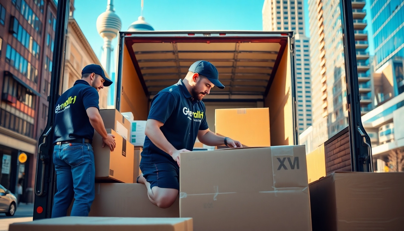 Efficient moving services Edmonton team packing furniture in a bustling city.