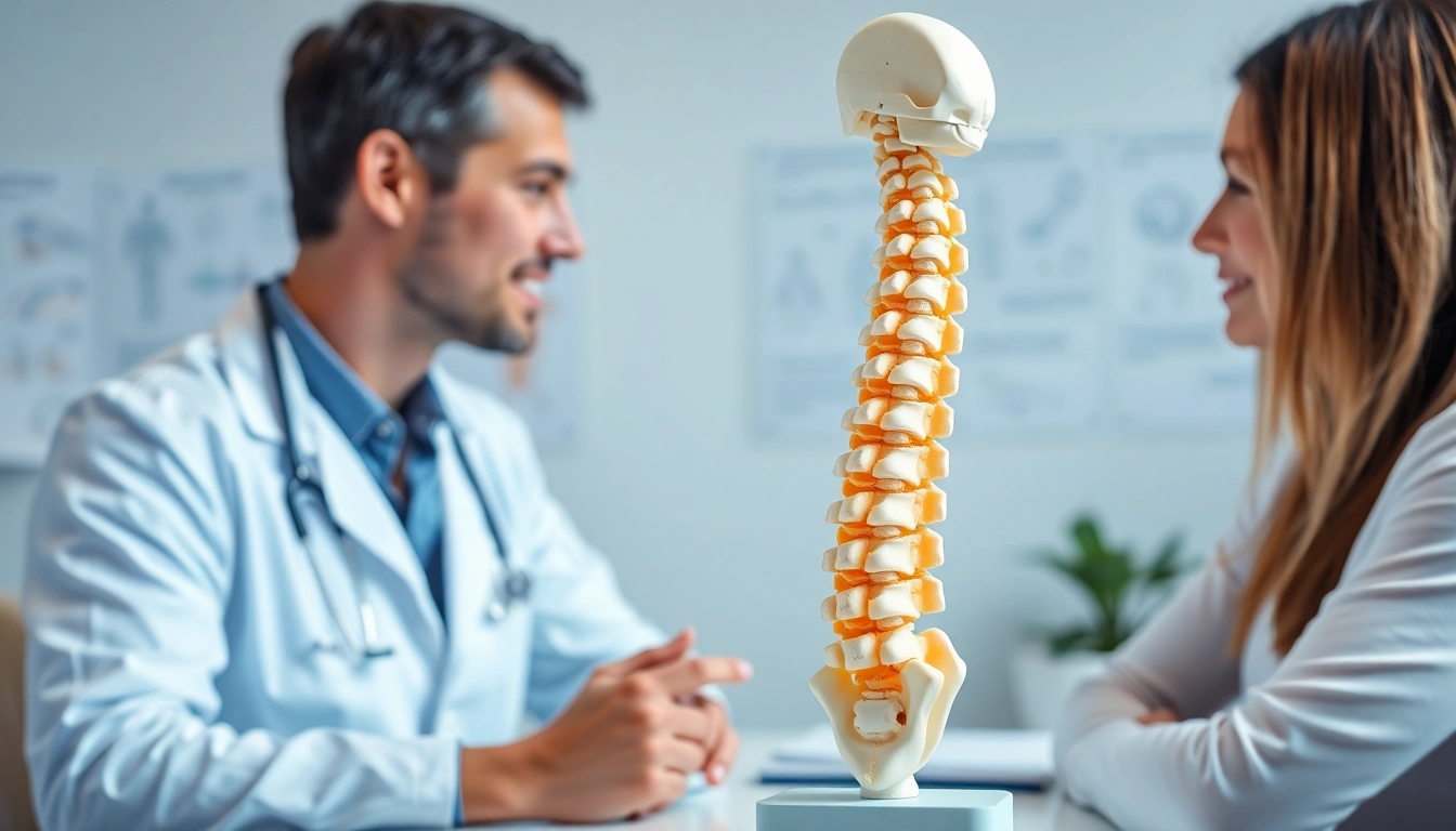 Behandlung von Bandscheibenvorfall mit anatomischem Modell in einer Arztpraxis.