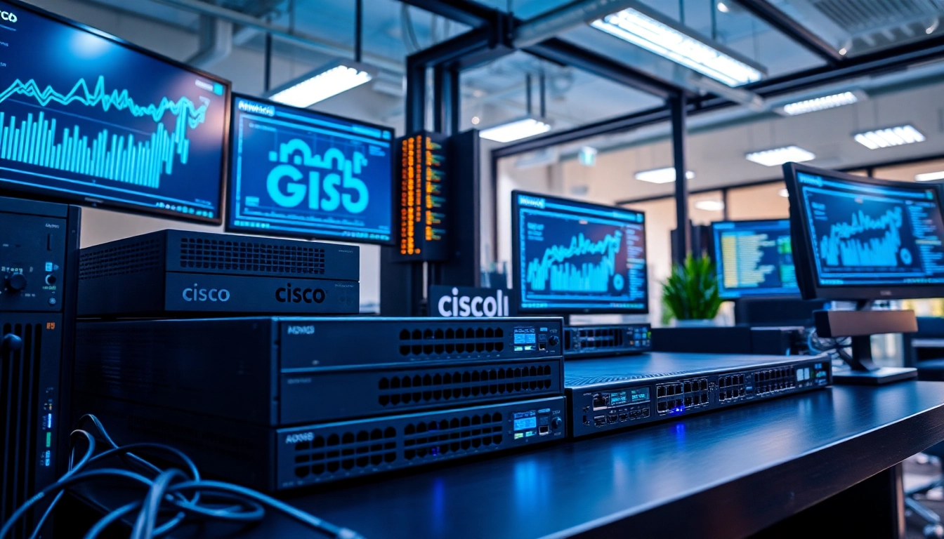 Cisco networking devices showcased in a modern workspace, symbolizing advanced technology.