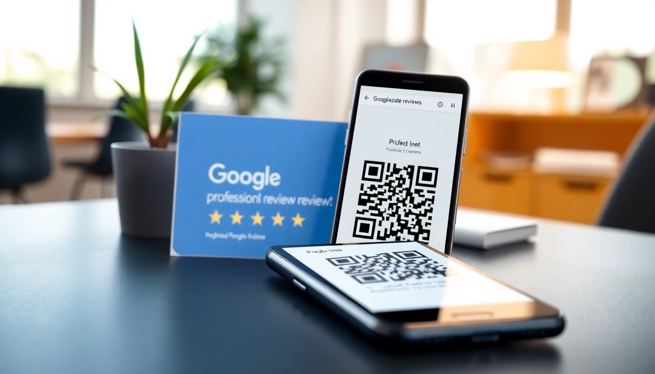 Showcasing a reviewcardsgoogle held prominently in a modern office setting, highlighting QR code technology.