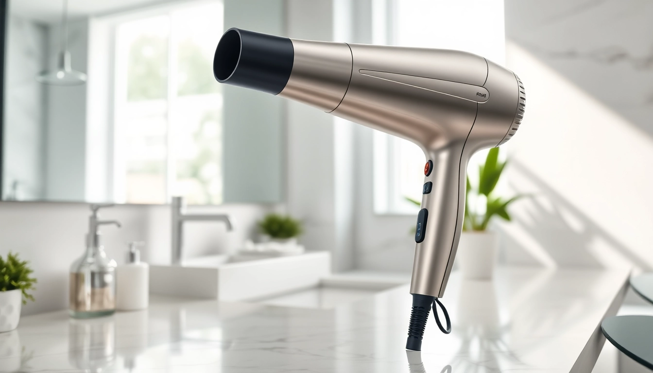 Enhance styling with a Hair Dryer showcasing a sleek design and modern bathroom setting.