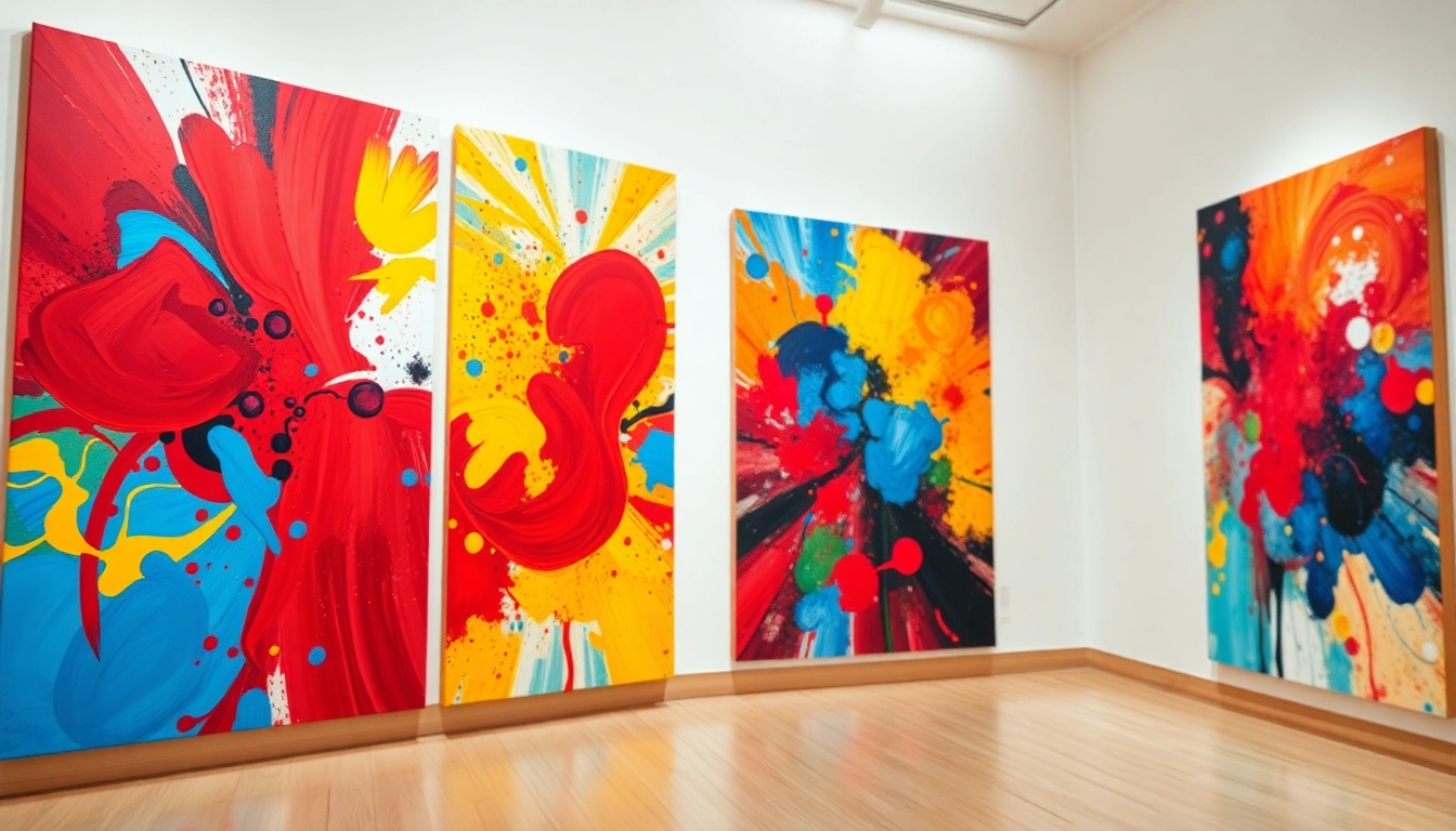 Explore stunning Abstract Paintings featuring vibrant colors and dynamic shapes in an elegant gallery setting.