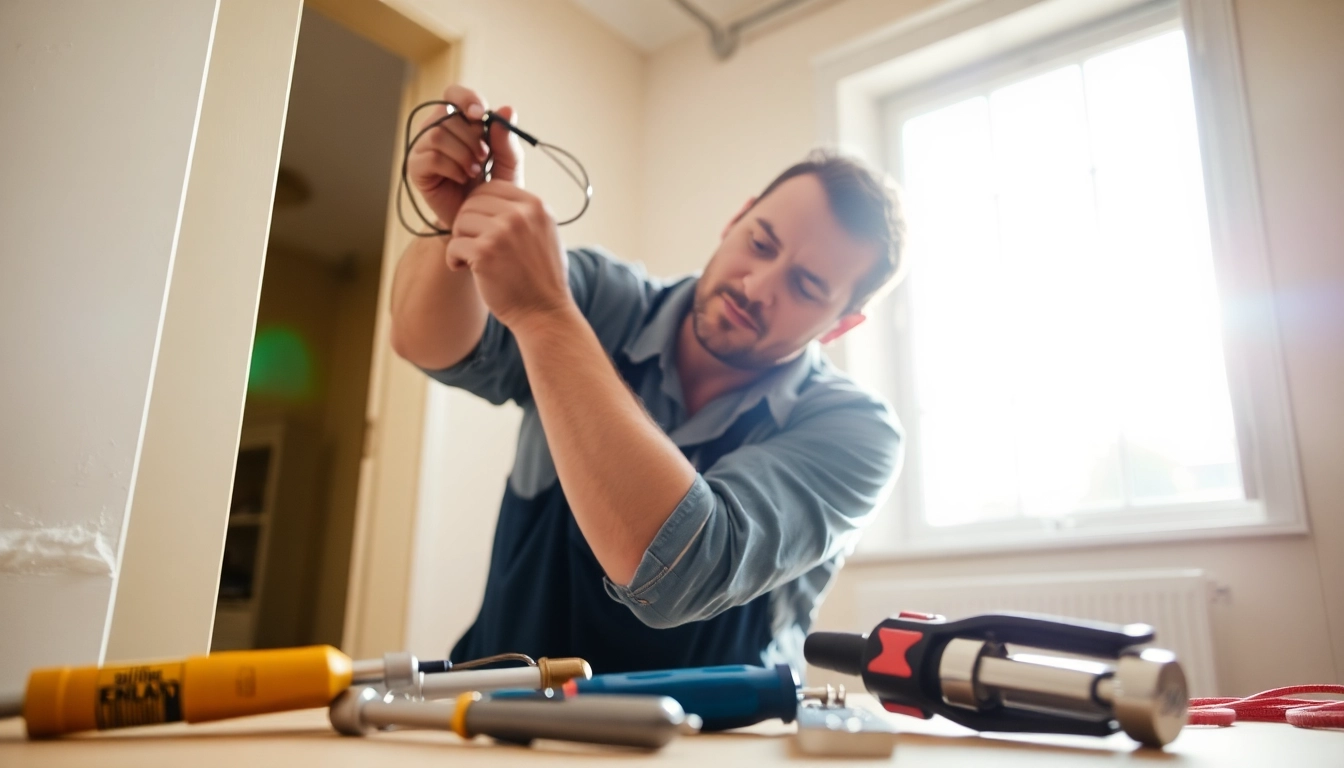 Electrician repairing wiring with tools, showcasing expertise in a vibrant home setting.