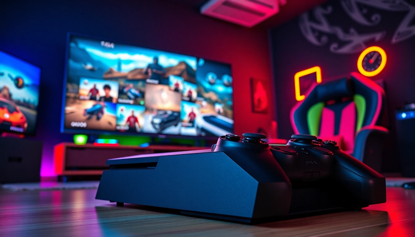 Showcase of PS4 games on a gaming setup with vibrant lights and immersive gameplay.