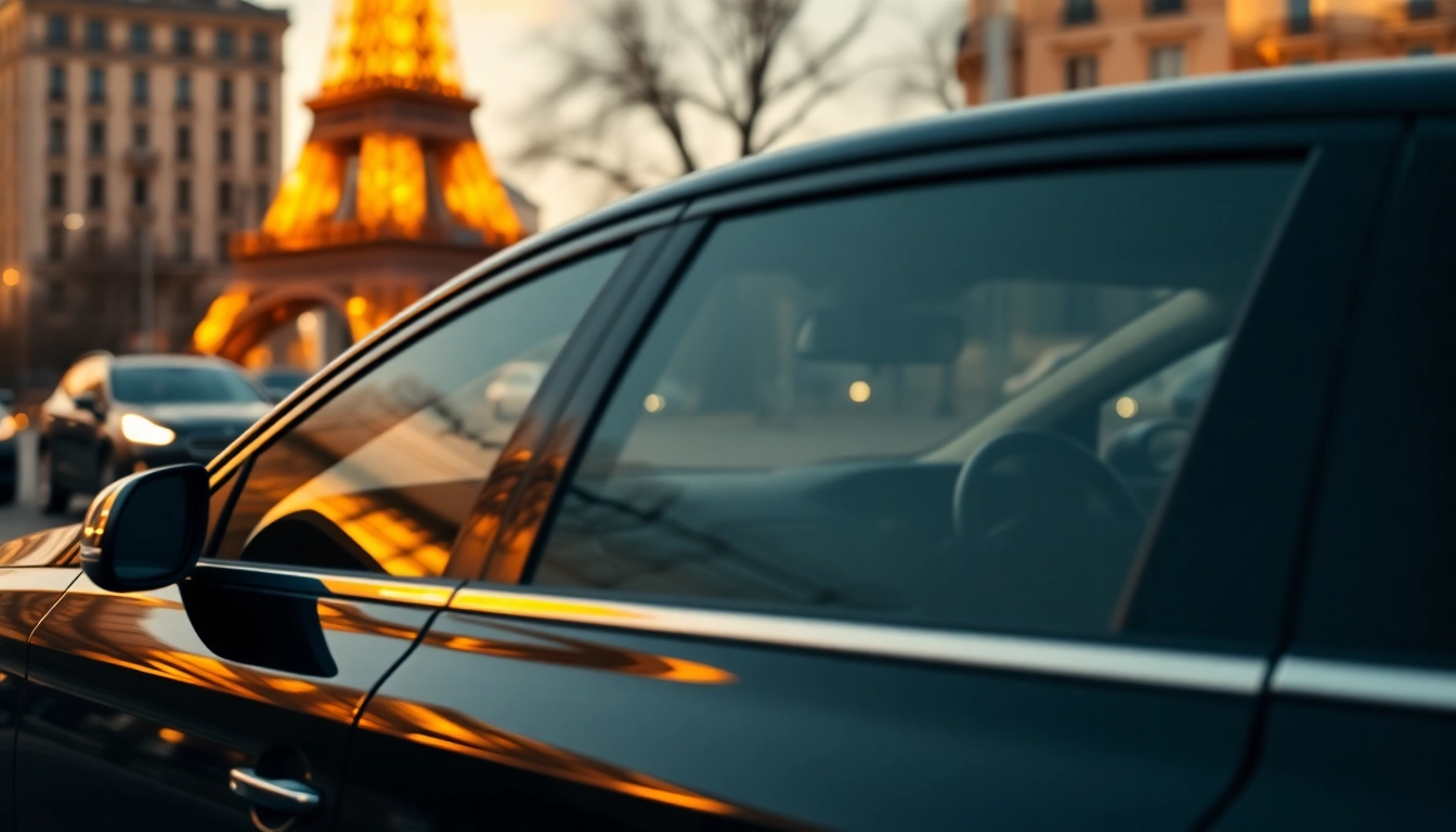 Service de chauffeur dans une berline luxueuse conduisant à Paris, avec la Tour Eiffel en arrière-plan.