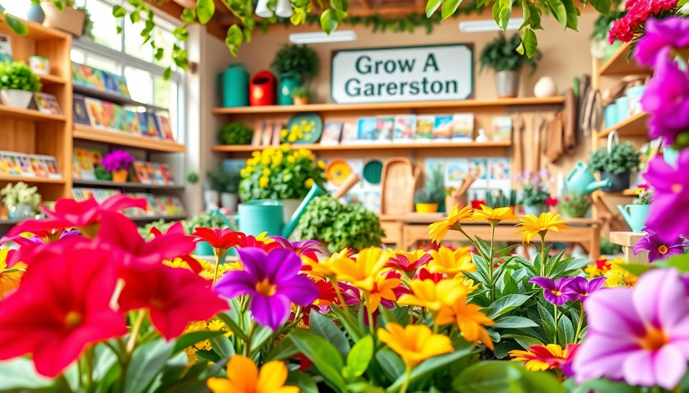 Visit the vibrant Grow A Garden Shop filled with colorful flowers, seeds, and gardening tools.