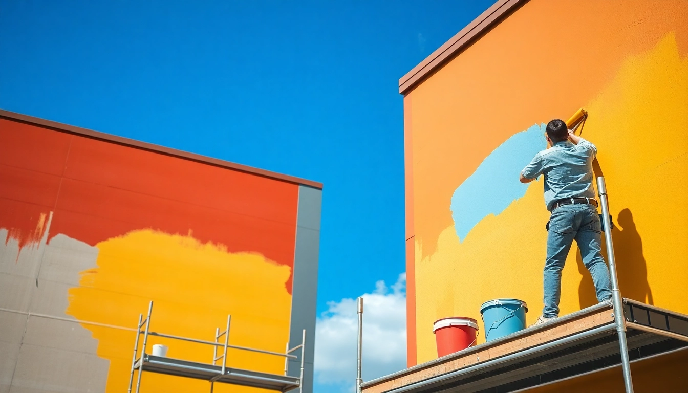 Commercial exterior painter minneapolis applying vibrant paint to a building facade under bright sunlight.