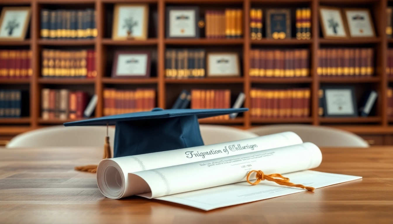 Buy a fake diploma displayed prominently on a wooden desk with a graduation cap and certificate.