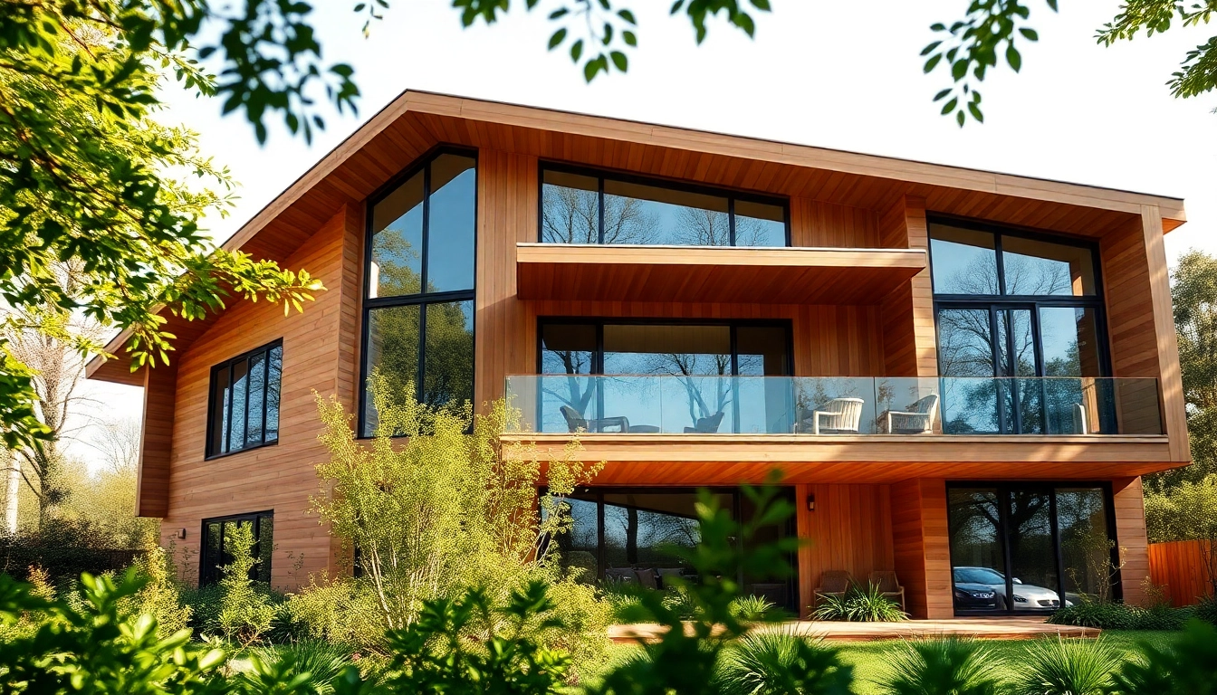 Beautiful SIP house for sale featuring natural wood textures and large windows, surrounded by lush greenery.
