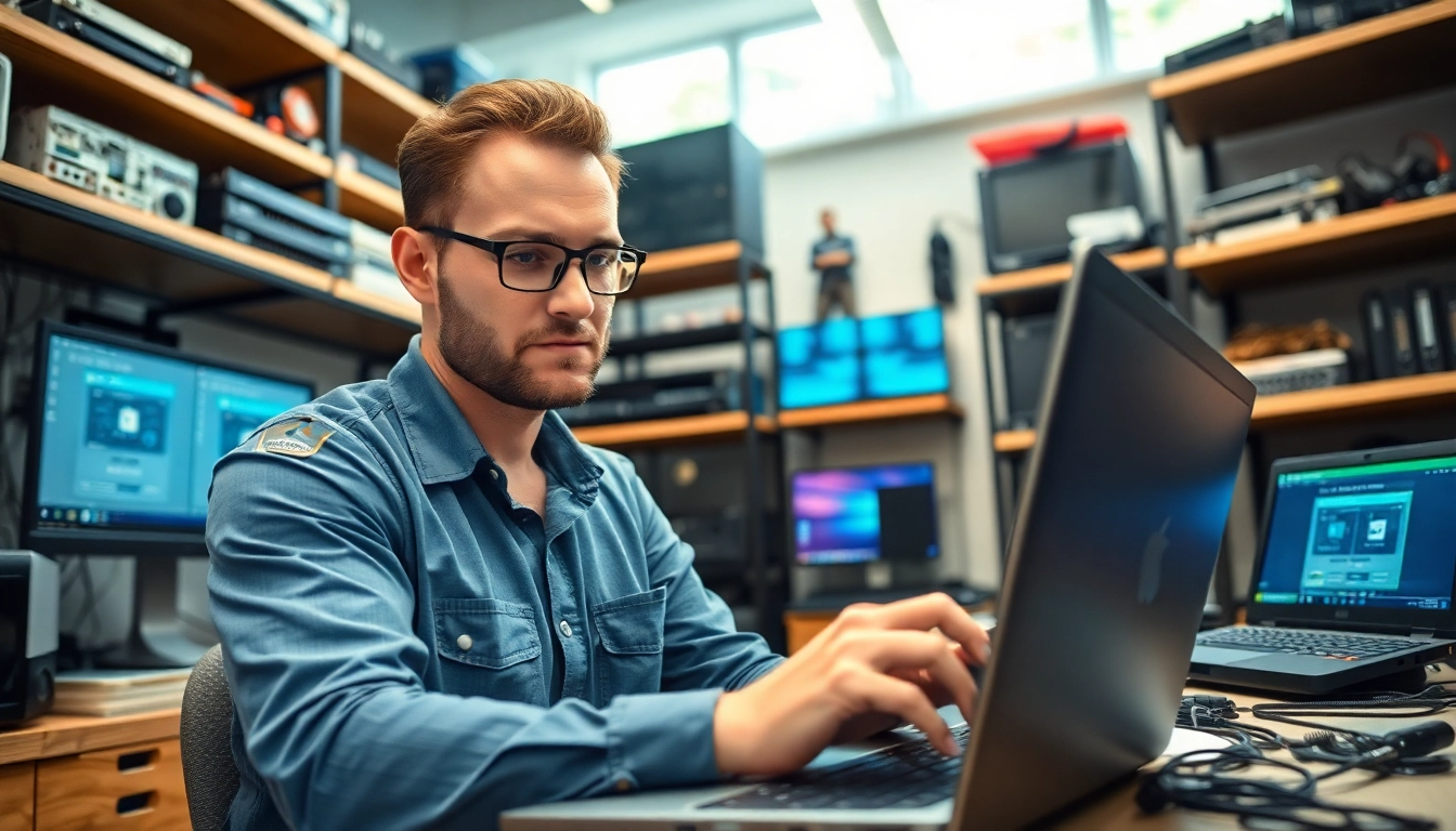 Technician offering professional computer help in a bright office environment.