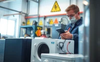 Performing PAT Testing on electrical appliances with professional equipment for safety.