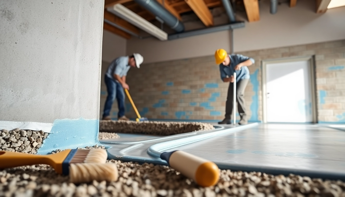 Contractors performing basement waterproofing to prevent water damage in a residential space.