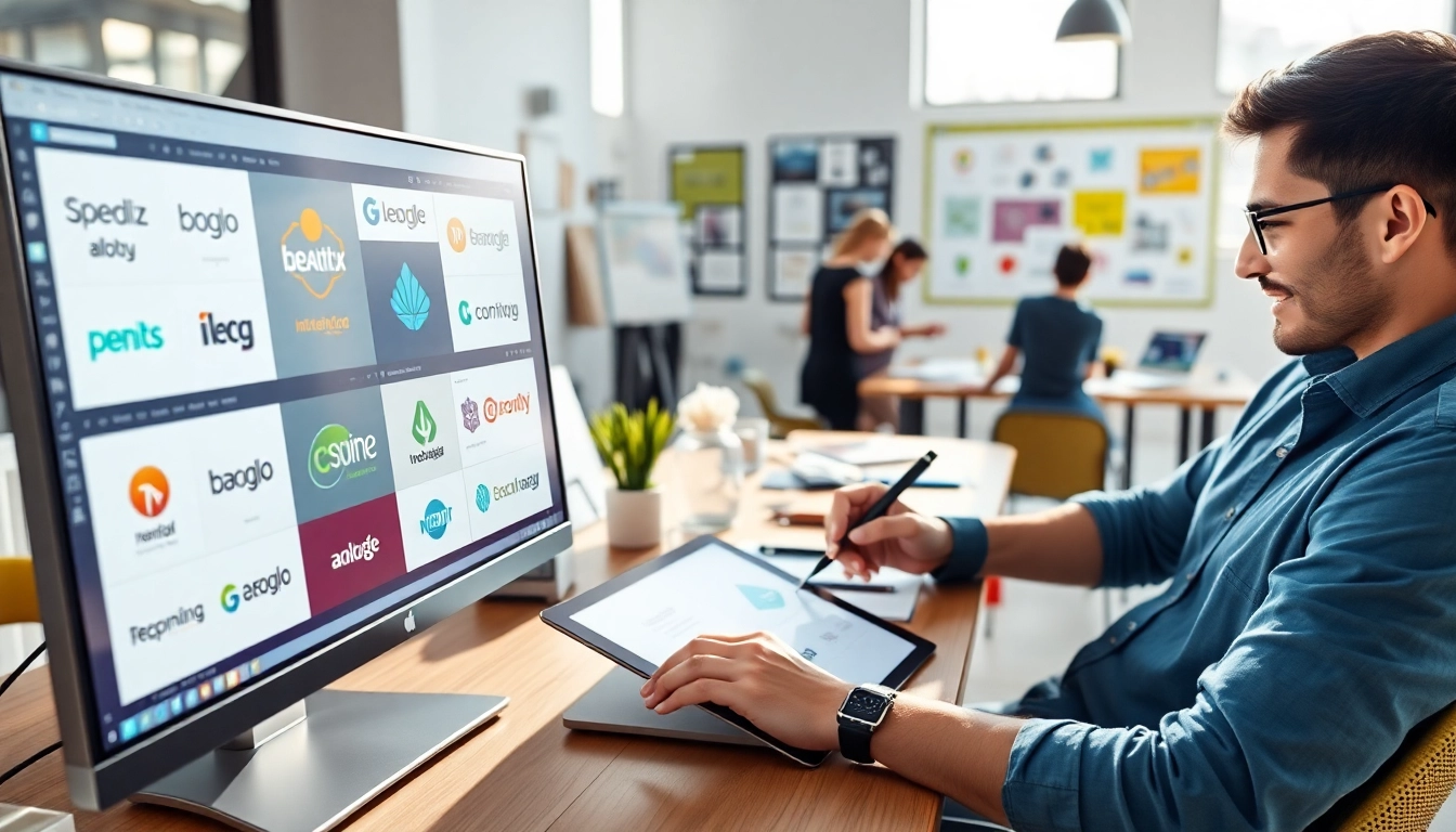 Namelix logo design process in a creative workspace with colorful drafts and sketching tools.