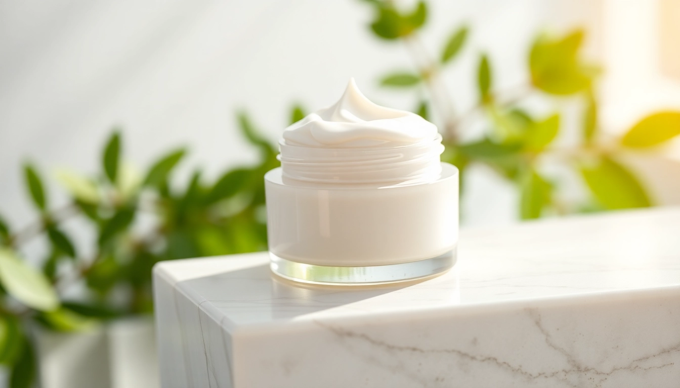 Hydrating moisturizing cream jar on marble surface with natural greenery backdrop.