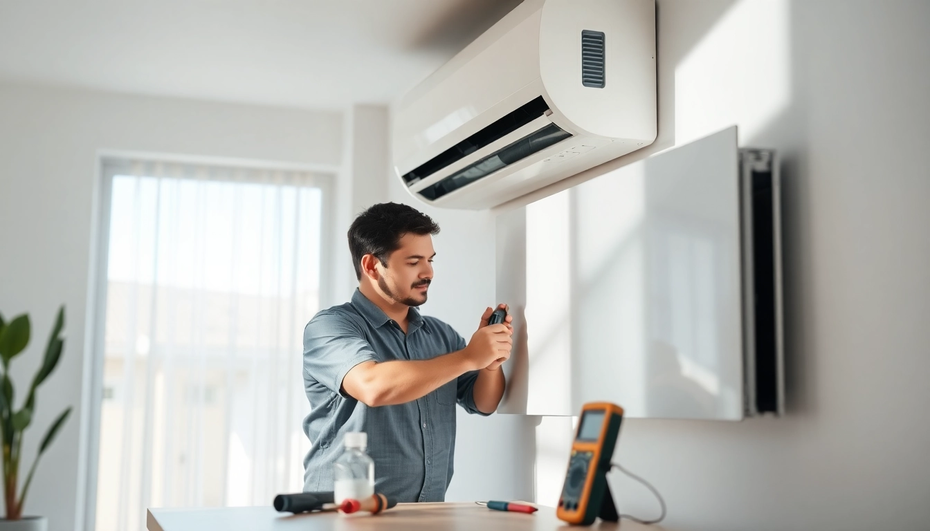 Technician servicing Scottsdale AC unit in a bright, modern home setting