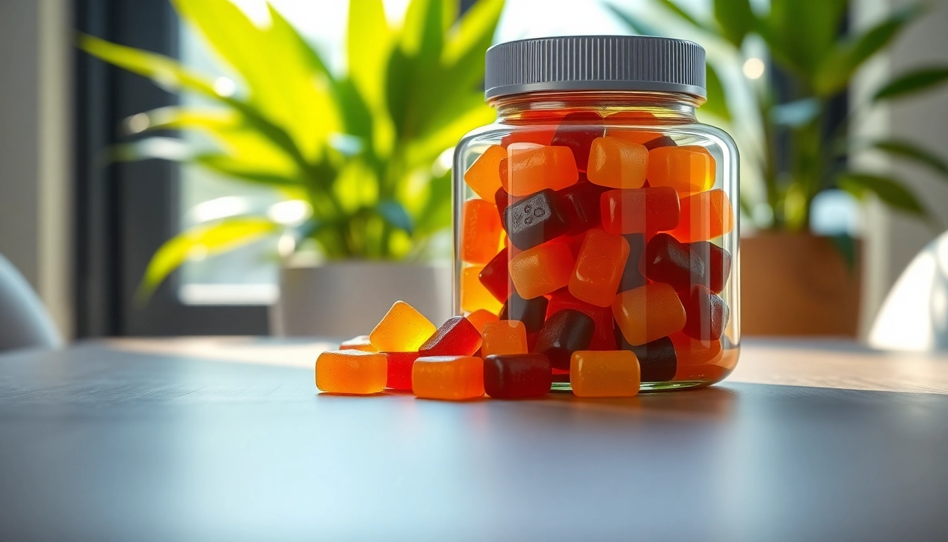 Buy delta 9 gummies online, featuring vibrant gummies in a stylish jar on a wooden table.