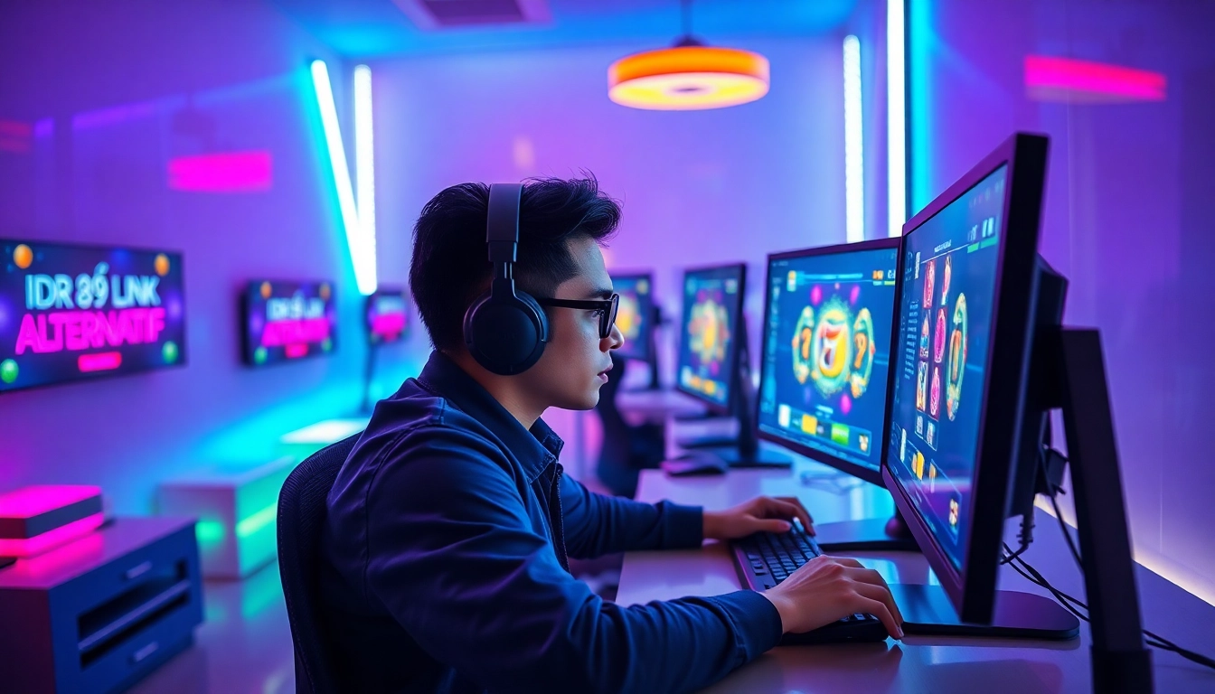 Mengakses IDR89 Link Alternatif di ruangan gaming yang ceria dan modern.