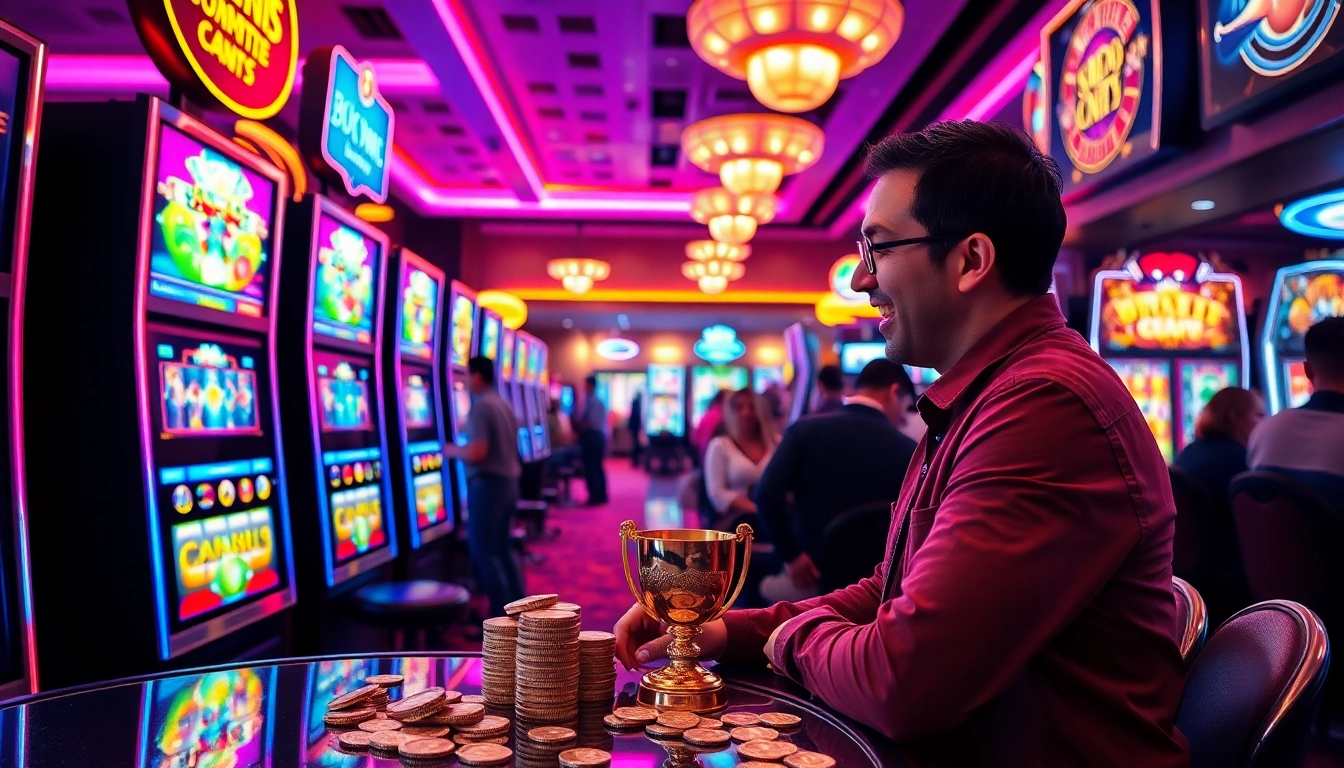 Mesin game slot yang berwarna-warni dengan pemain yang merayakan kemenangan di kasino.