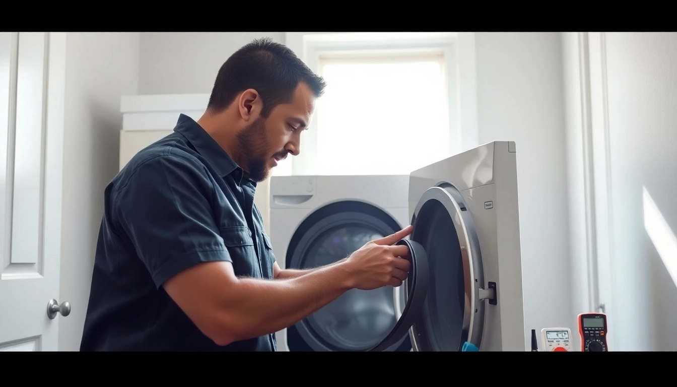 Expert technician performing dryer repair halifax in a well-lit laundry room.