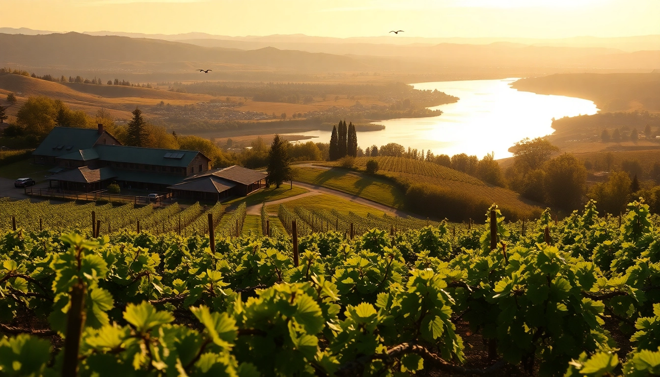 Scenic view of Carksburg ca vineyards with rustic winery against the Sacramento River backdrop.