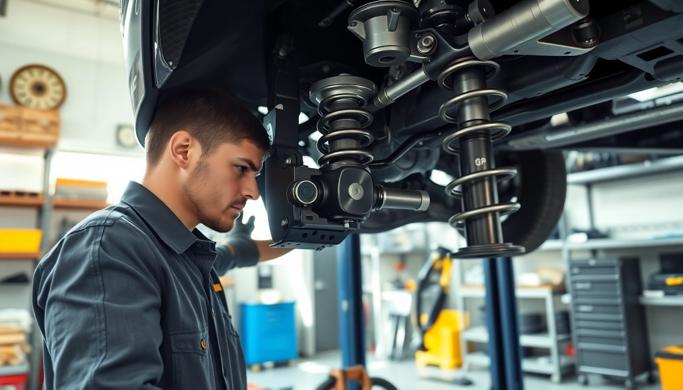 Realizando mantenimiento suspension en un taller profesional de vehículos, con un mecánico trabajando.