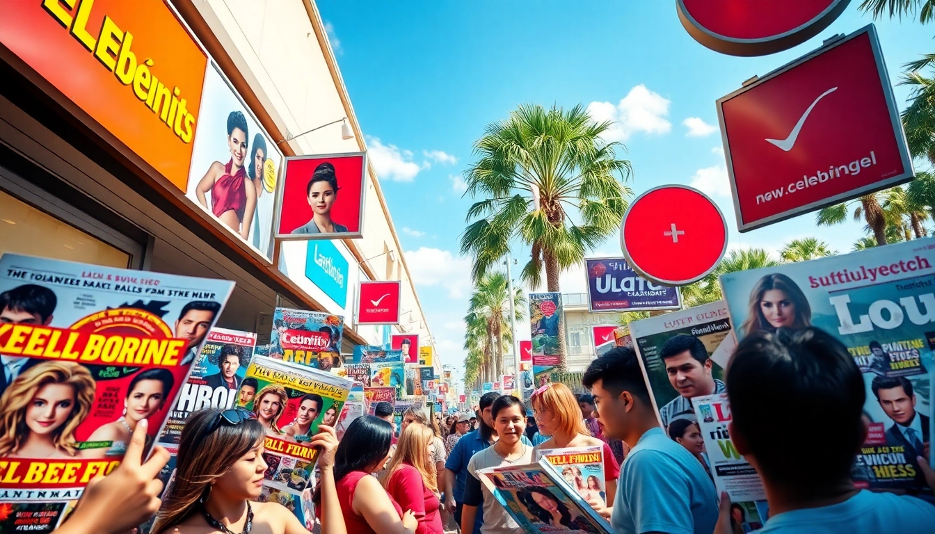 People engaging with a celebrity newspaper stand, exploring vibrant magazine covers.