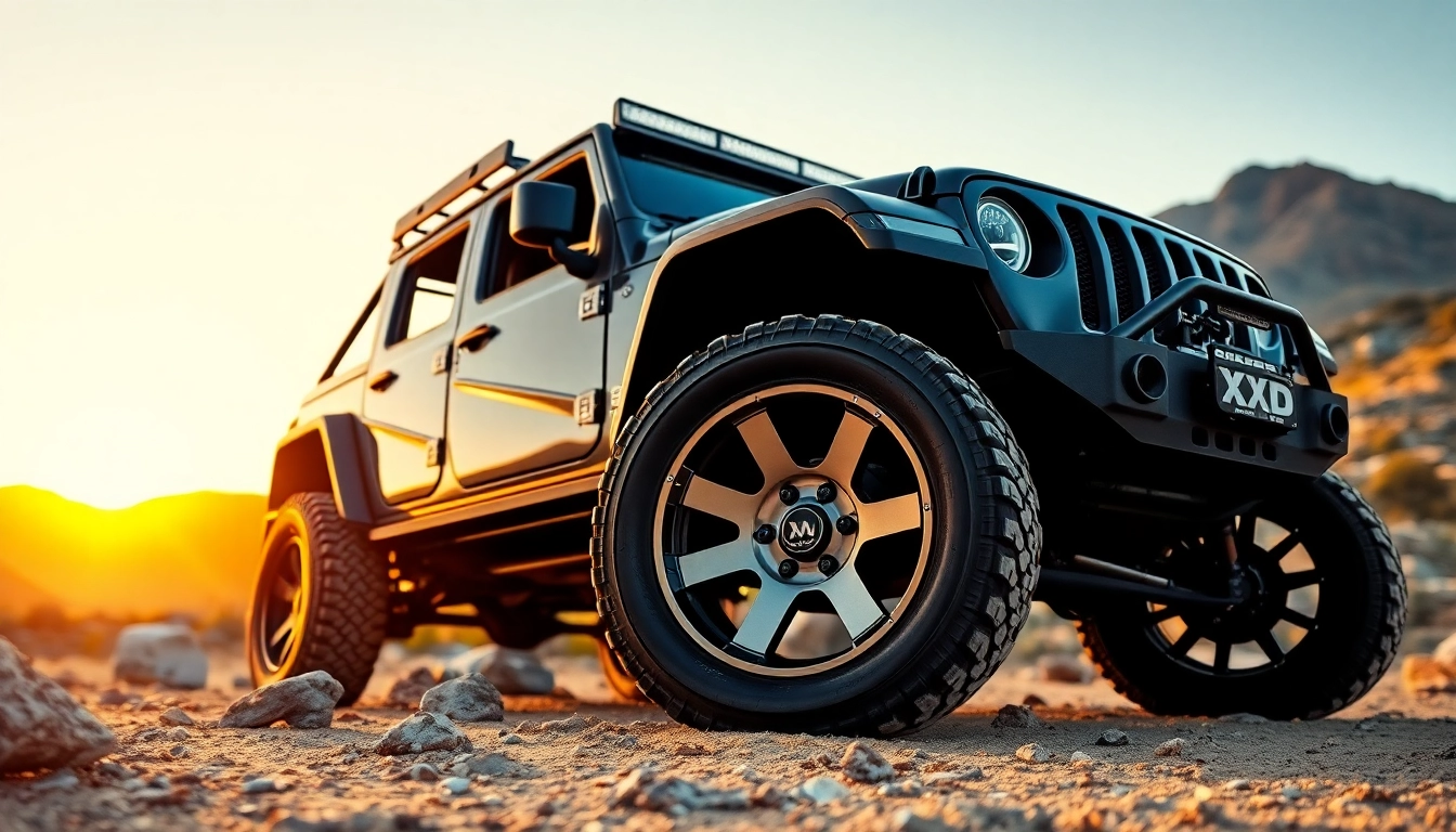 Show off XD wheels on an off-road vehicle in a rugged, adventurous setting