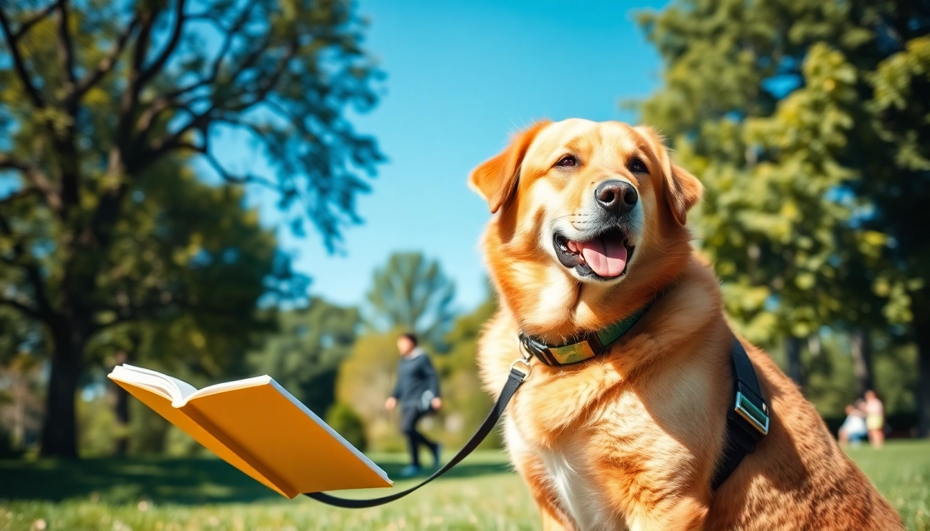 Get a service dog supporting a person reading in a serene park setting.