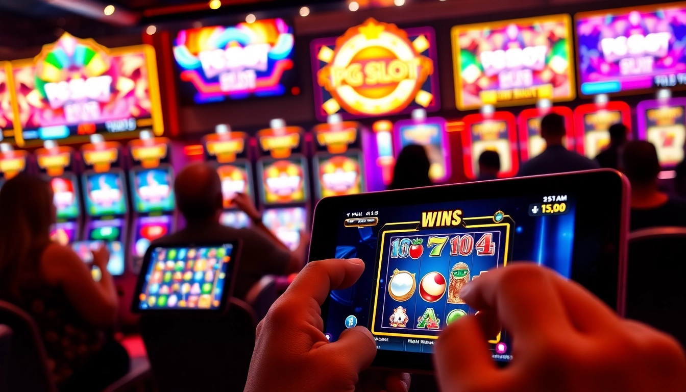 Experience thrilling PGSlot gaming with engaging visuals and excited players in an online casino.