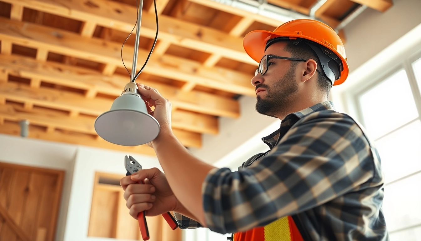Electrician installing an LED light fixture in a bright residential setting