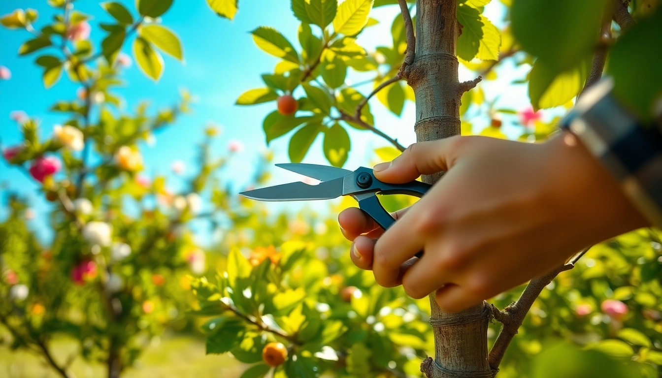 Snoeien van een fruitboom door een ervaren tuinier met scherpe snoeischaren