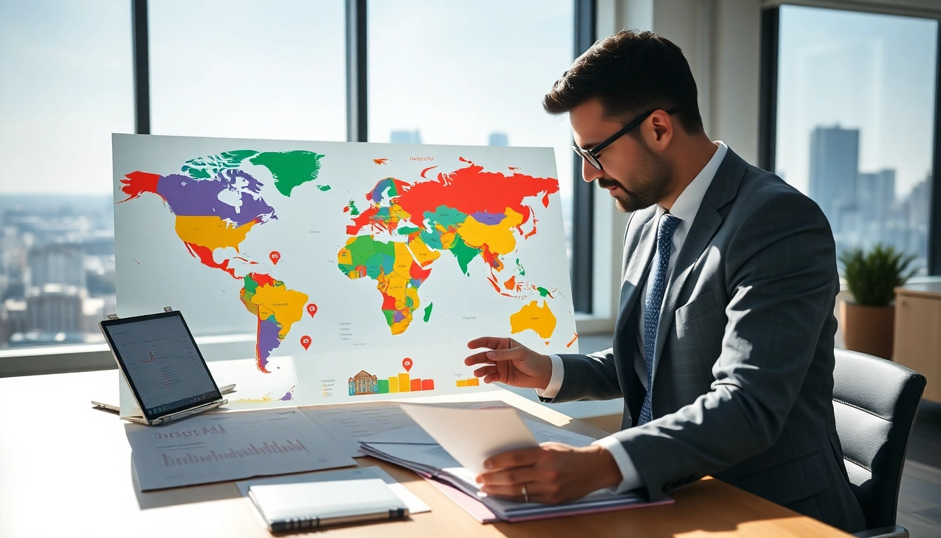 Engaging in international real estate investment, a professional reviews global property markets with a world map.
