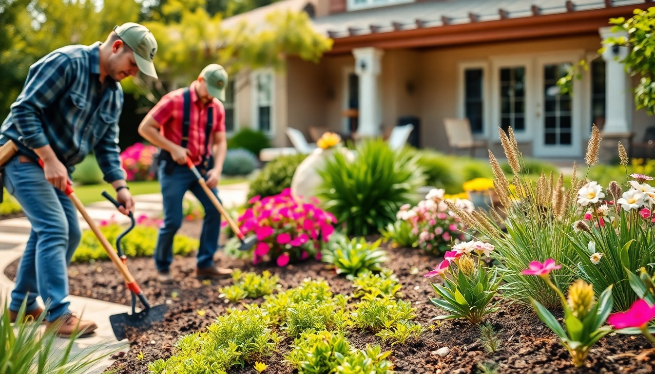 Professional landscapers near me transforming a colorful residential garden.
