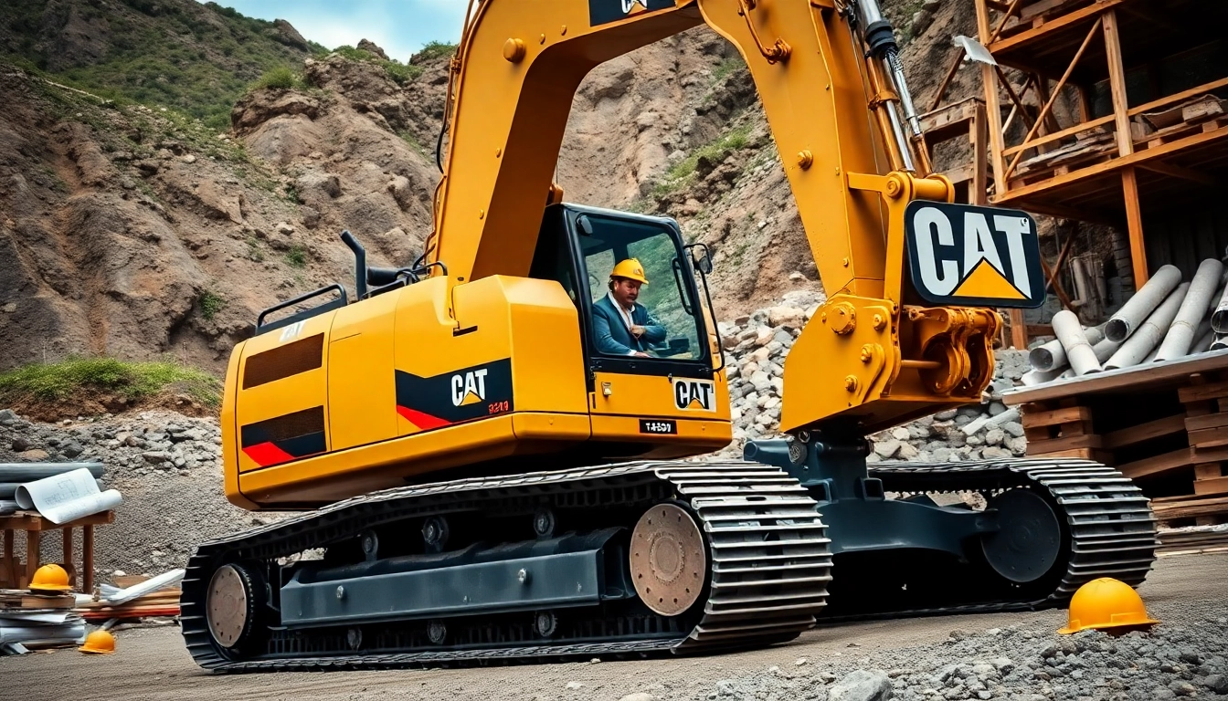 CAT excavator efficiently working on a construction site with materials scattered around.