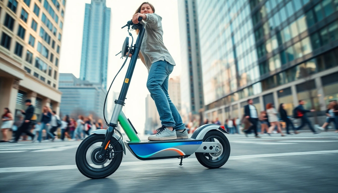 Person riding an electric scooter on city streets, showcasing urban commuting.
