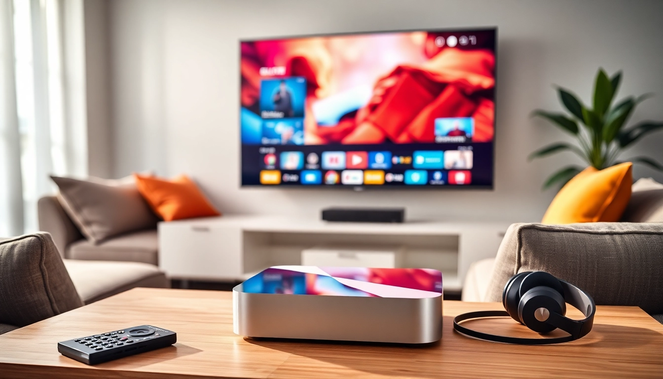 Showcase superbox tv box in a stylish living room with vibrant streaming content.
