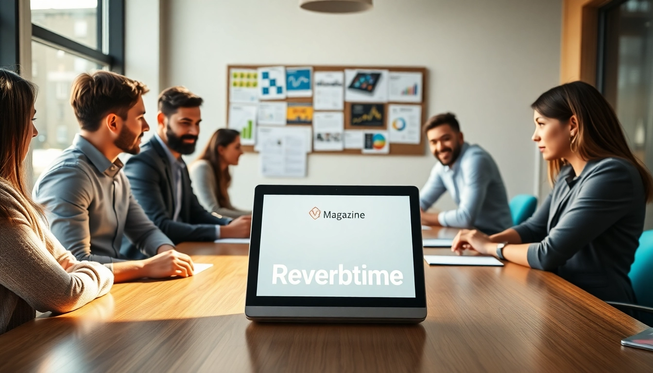 Team collaborating on Reverbtime Magazine insights in a bright creative space