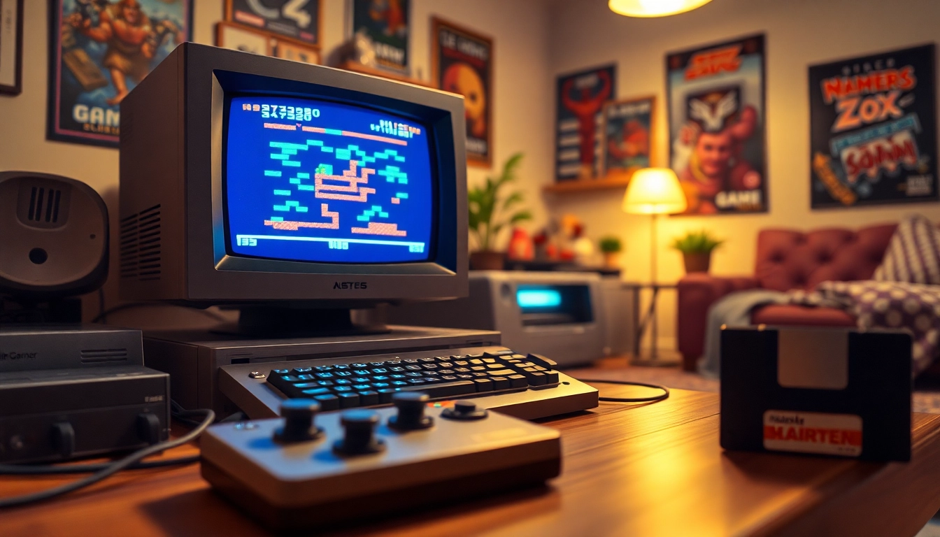 Play DOS games on a vintage computer setup with floppy disks and classic peripherals.