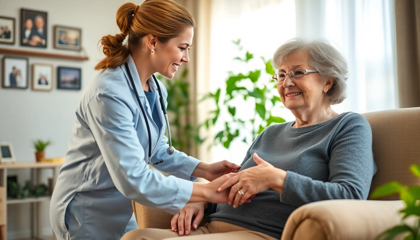 Engaging in home care austin tx, a caregiver assists a senior in a warm living room.
