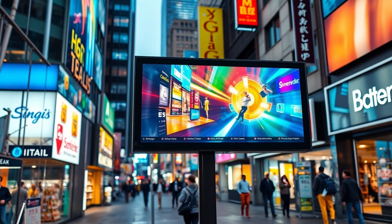 Experience vibrant digital signage showcasing stunning ads in a bustling urban setting.