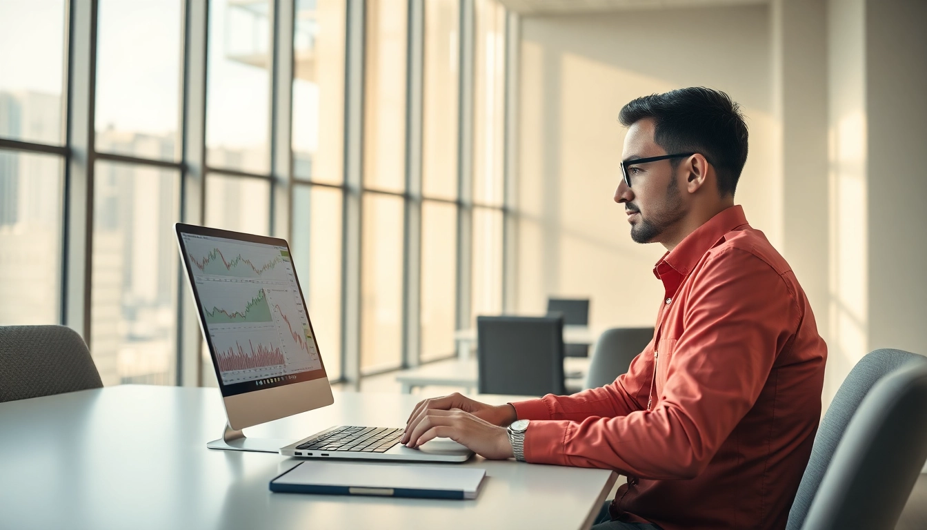 Analyze trading strategies through data on a laptop in a modern office