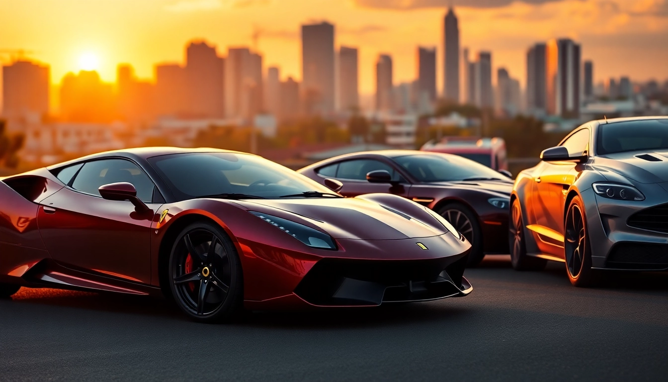 Showcasing used exotic cars Johannesburg including luxury brands in a vibrant city setting.